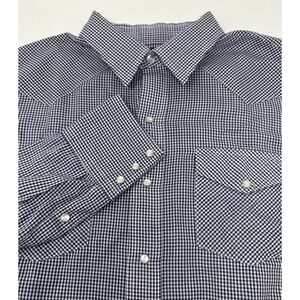 VTG Karman Mens Shirt Large Blue/ White Western Pearl Snap Striped Cowboy Casual